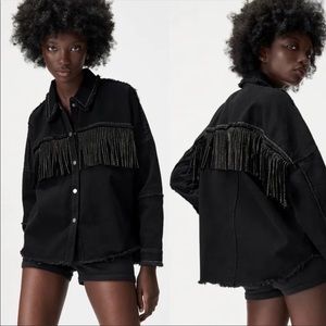 ZARA black denim shiny fringe jacket